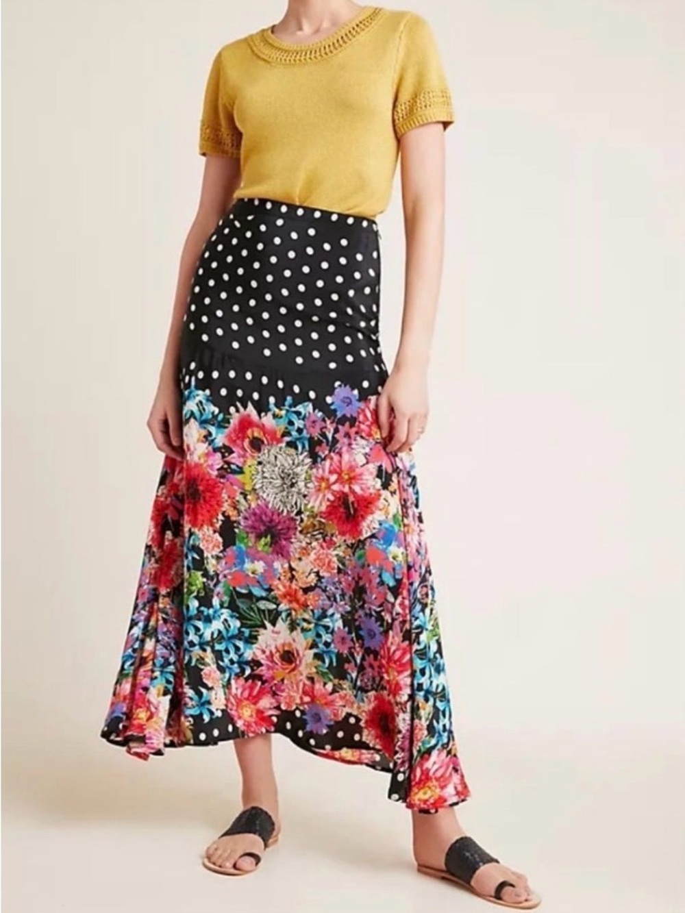 Anthropologie Black Maxi Skirt Multicolor Floral & White Polka Dot Sz XL NWT